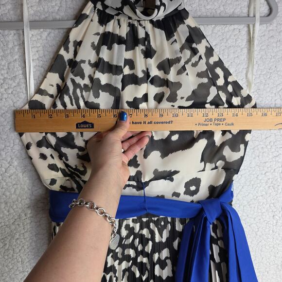 Eliza J Halter Sz8 Animal Leopard BlacknWhite W Blue belt accent maxi Dress Sexy - Picture 6 of 16